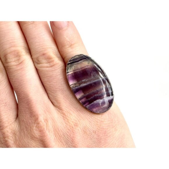 XL Purple Flourite Gemstone Vintage Solitaire Sterling Silver Ring - sz 6 - Picture 9 of 10